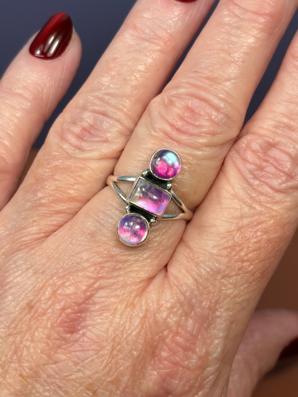 925 Sterling Silver Triple Pink Moonstone Ring